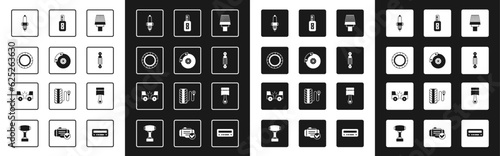 Set Car air filter, brake disk with caliper, tire wheel, spark plug, Shock absorber, key remote, Engine piston and accident icon. Vector
