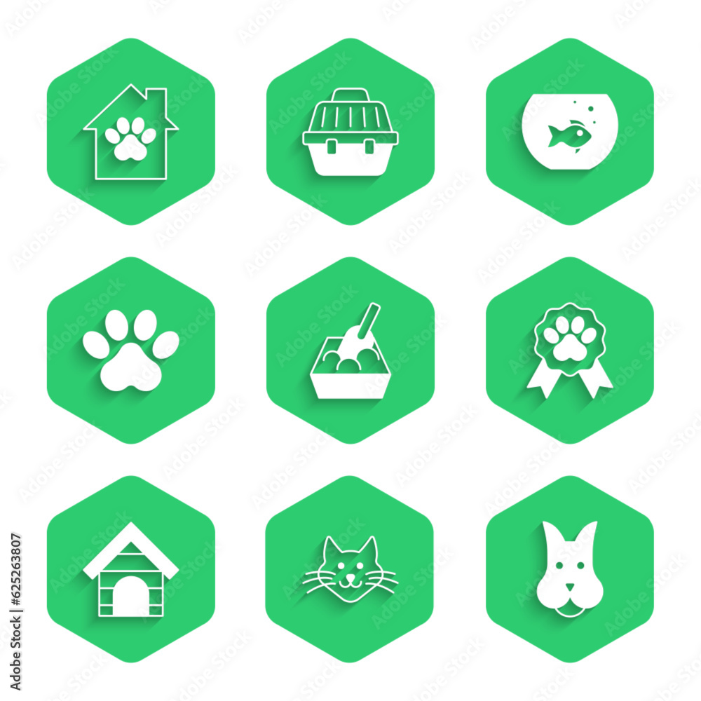 Set Cat litter tray with shovel, Dog, Pet award symbol, house, Paw print, Aquarium fish and icon. Vector
