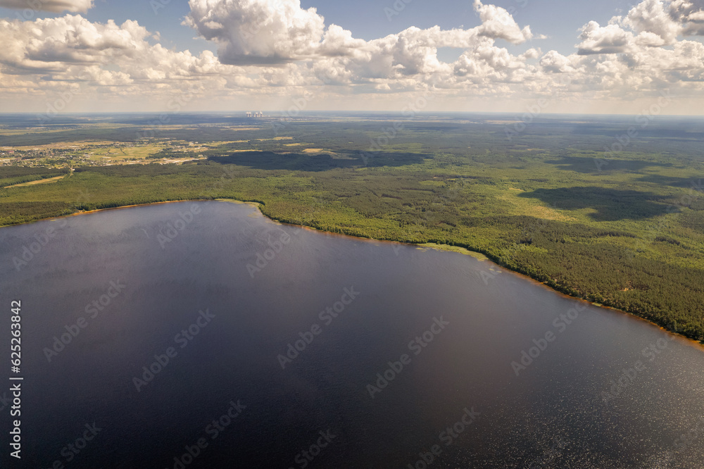 Aerial drone view panorama White Lake in Rivne region, Ukraine.