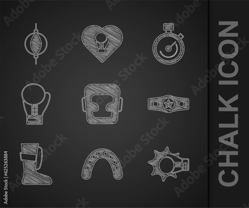 Set Boxing helmet, Mouth guard boxer, Punch boxing glove, belt, Sport shoes, Stopwatch and Punching bag icon. Vector