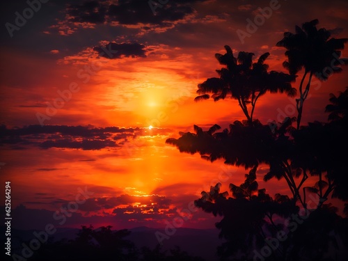 A tree in a field with a red sky and the sun behind it
