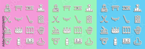 Set line Mallet for playing air hockey, Hockey glove, Planning strategy, sports ticket, Ice sticks and puck, judge, referee, arbiter and icon. Vector