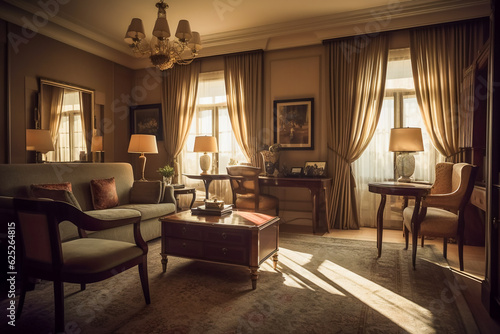  Elegant and luxurious interior of a high - end hotel room. AI Generated © EwaStudio