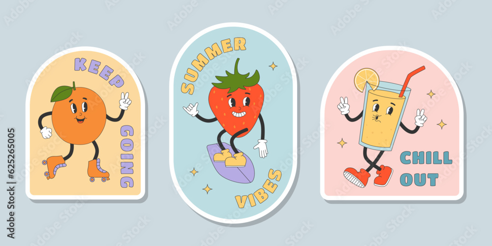 Set of groovy cartoon characters stickers. Orange,strawberry, lemonade. Sticker pack in trendy y2k retro style.
