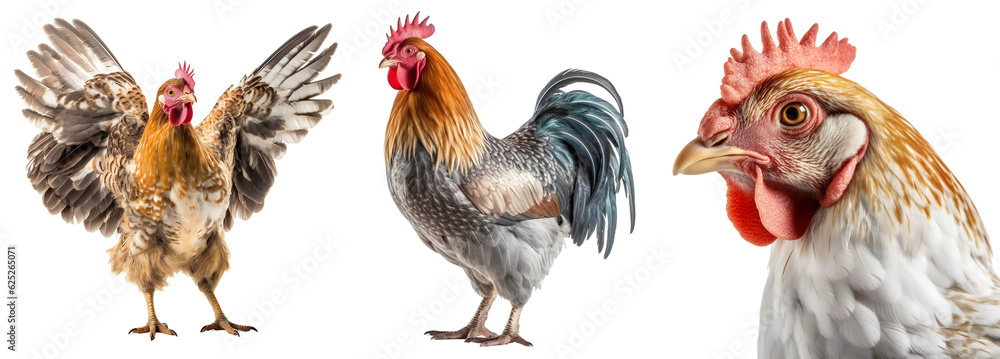 A set of chickens and a rooster in different angles. Close-up of a farm chicken, a farm rooster stands, the chicken flaps its wings. Isolated on a transparent background. KI. - obrazy, fototapety, plakaty 