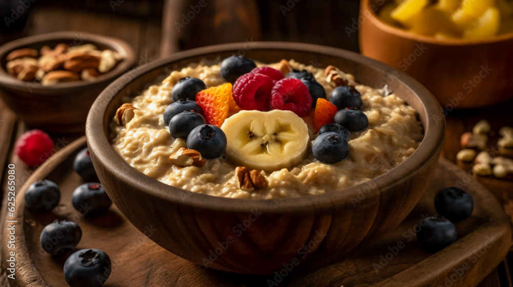 A bowl of oatmeal with fruit and nuts. AI Generated A bowl of oatmeal with fruit and nuts. AI Generated