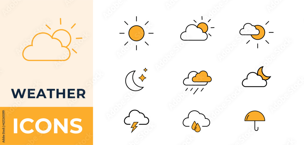 Weather icons, cloud, sunset, sunrise, flat, line, moon, storm. Weather icons, cloud, sunset, sunrise, flat, line, moon, storm.