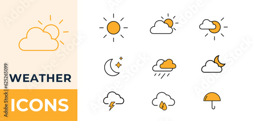 Weather icons, cloud, sunset, sunrise, flat, line, moon, storm.