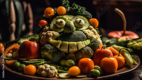 A plate of vegetables arranged to look like a funny face. AI Generated