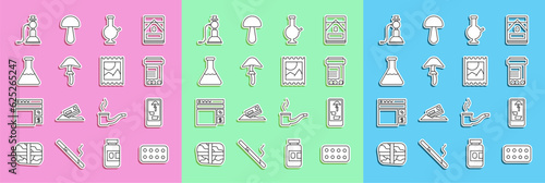 Set line Pills in blister pack, Buying drugs online on phone, Medicine bottle and pills, Glass bong for smoking marijuana, Psilocybin mushroom, Test tube flask, Hookah and LSD acid mark icon. Vector