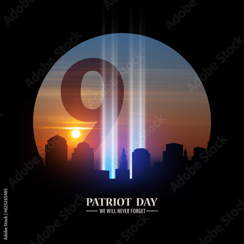 Canvas-taulu September 11 Tribute In Light Art Installation in the Lower Manhattan New York City Skyline at Sunset in a round black frame with inscription Patriot Day