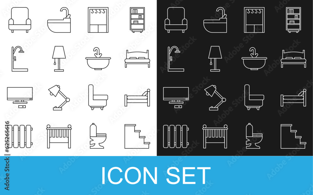 Set line Staircase, Bed, Big bed, Wardrobe, Table lamp, Shower, Armchair and Washbasin with water tap icon. Vector