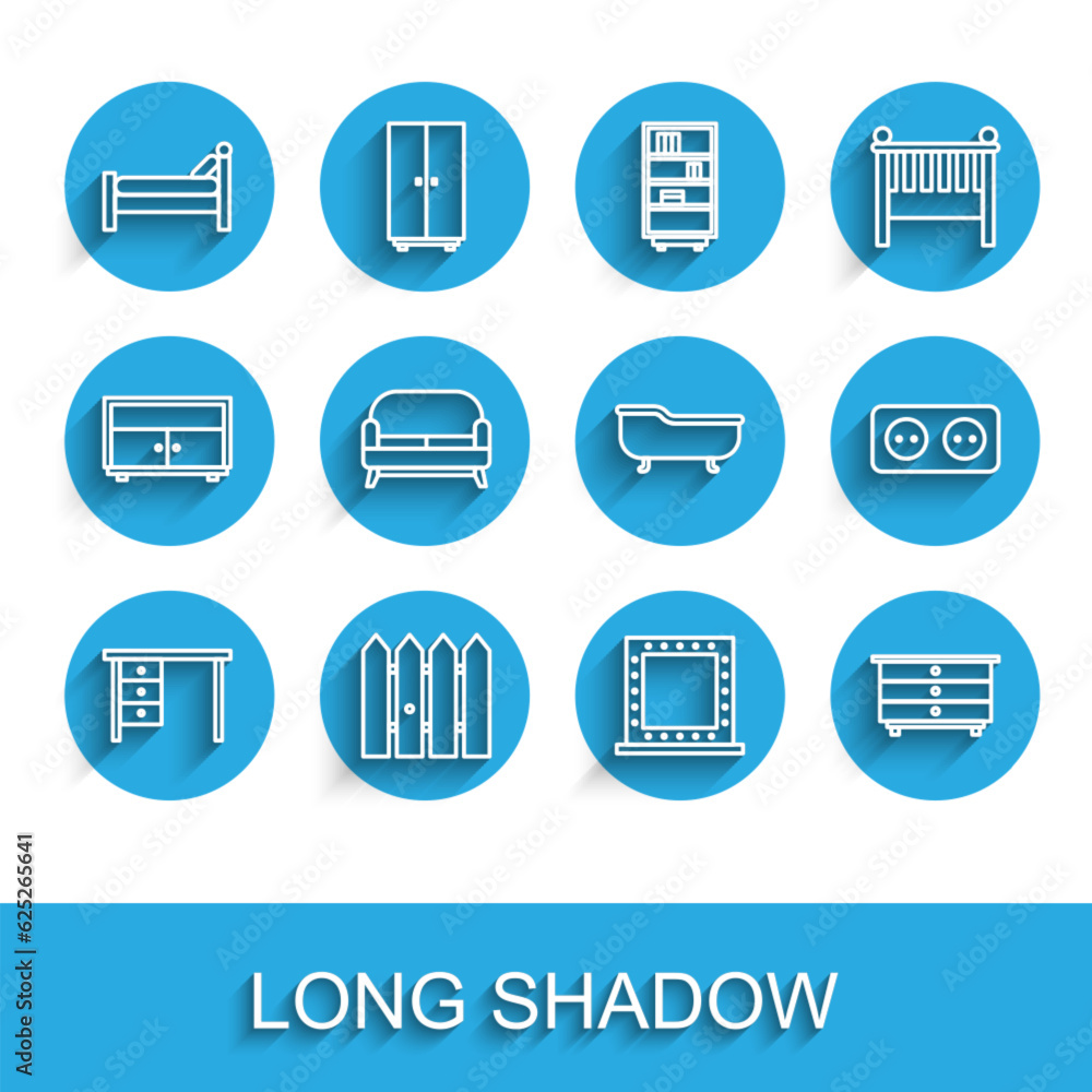 Set line Office desk, Garden fence wooden, Bed, Makeup mirror with lights, Chest of drawers, Sofa, Electrical outlet and Bathtub icon. Vector Set line Office desk, Garden fence wooden, Bed, Makeup mirror with lights, Chest of drawers, Sofa, Electrical outlet and Bathtub icon. Vector