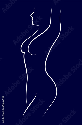 Graceful female body with raised hands. Sketch white simple lines on a dark blue background. Art abstract background