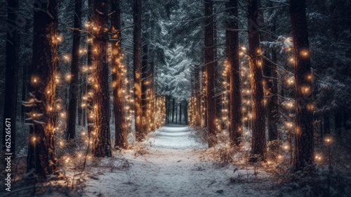 christmas background of snowy forest with lights, generative ai