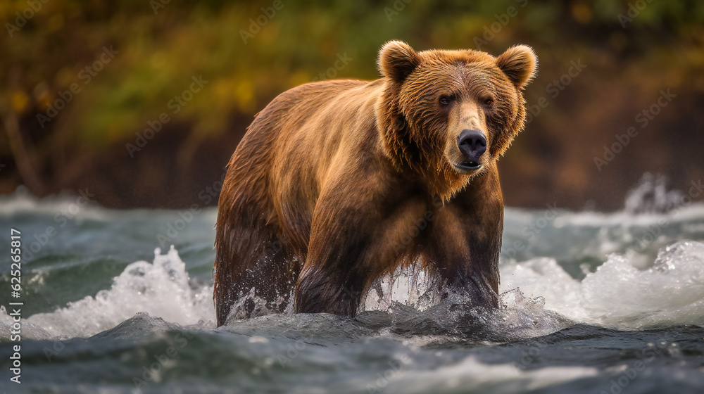 Brown bear catches salmon at waterfall. Ai Generated Brown bear catches salmon at waterfall. Ai Generated