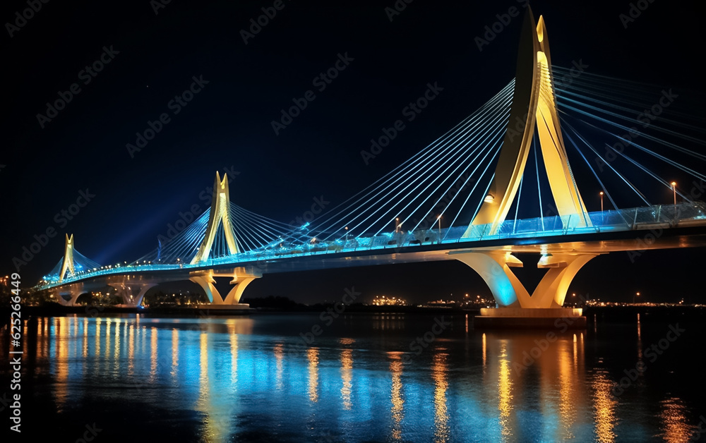 Obraz premium Highway bridge across a river. Sunset at the bridge across river. Bridge across river against sunset sky. Generative AI.
