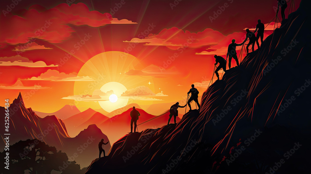 digital art of Silhouettes group businessman climbing on mountain and helping at sunset