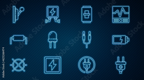 Set line Electric plug, Battery charge level indicator, light switch, Light emitting diode, Resistor electricity, Electrical panel, Audio jack and transformer icon. Vector