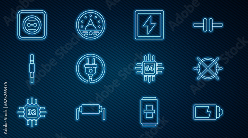 Set line Battery charge level indicator, Lightning bolt, plug, Audio jack, Electrical outlet, Processor with microcircuits CPU and Ampere meter, multimeter, voltmeter icon. Vector