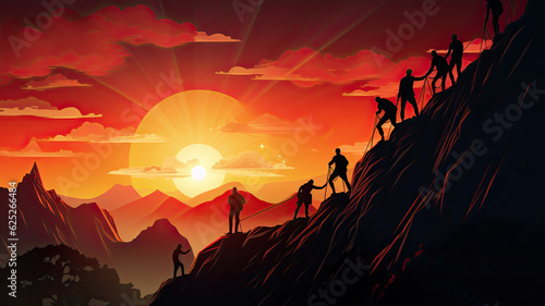 digital art of Silhouettes group businessman climbing on mountain and helping at sunset © JKLoma