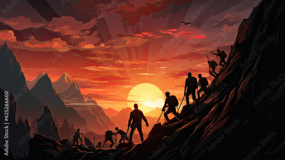 Fototapeta premium digital art of Silhouettes group businessman climbing on mountain and helping at sunset