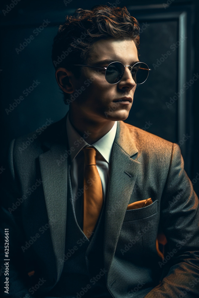 Fototapeta premium Fashionable male model in a trendy suit and sunglasses. AI Generated..