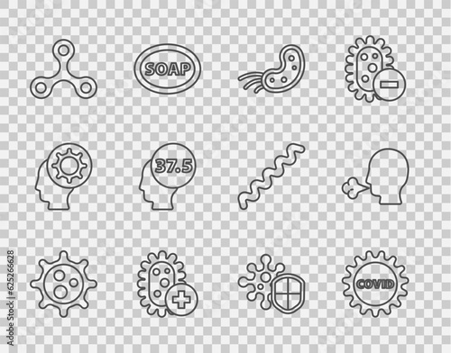 Set line Virus, Corona virus covid-19, Positive, High human body temperature, Shield protecting from and Man coughing icon. Vector