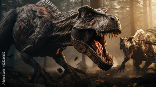 photorealism of Two tyrannosaurus rex are fighting in pine forest . wide angle lens realistic lighting © JKLoma