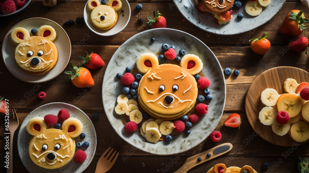 Obraz premium Fun and Festive Pancakes Shaped like Animals and Topped with Fresh Fruit . AI Generated
