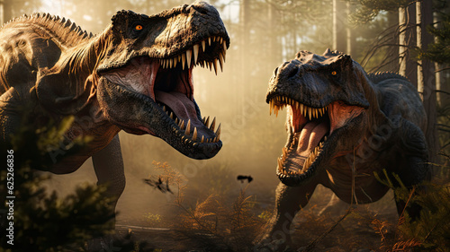 photorealism of Two tyrannosaurus rex are fighting in pine forest . wide angle lens realistic lighting