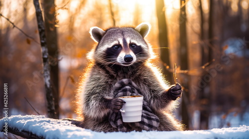 A cheerful cute raccoon in a knitted hat drinks cocoa from a cup against the background of a winter forest with fir trees, snow and colorful lights.Generative AI