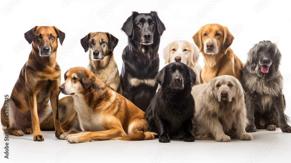 Group of dogs in front of a white background. AI Generated