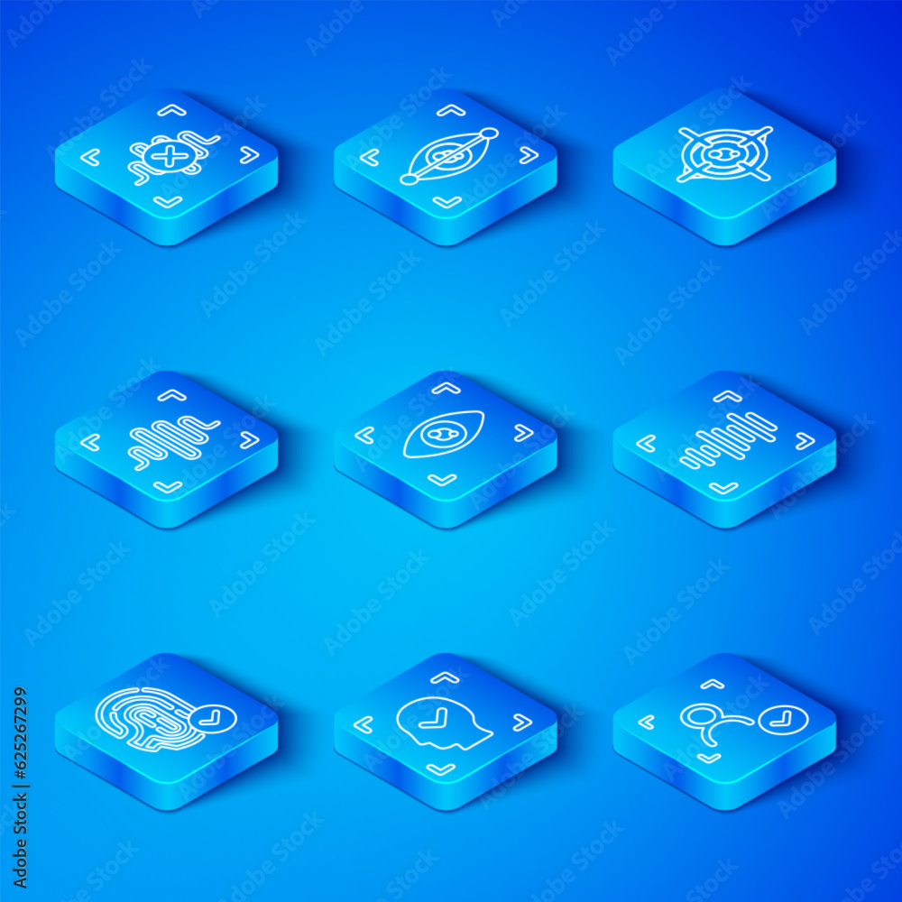 Set line Fingerprint, Eye scan, Face recognition, Voice, Rejection voice and icon. Vector Set line Fingerprint, Eye scan, Face recognition, Voice, Rejection voice and icon. Vector
