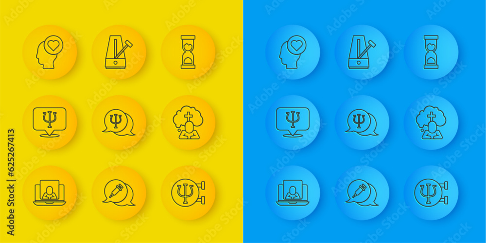 Set line Psychologist online, Psychology, Psi, Man graves funeral sorrow, Broken heart divorce, Old hourglass and Metronome with pendulum icon. Vector Set line Psychologist online, Psychology, Psi, Man graves funeral sorrow, Broken heart divorce, Old hourglass and Metronome with pendulum icon. Vector