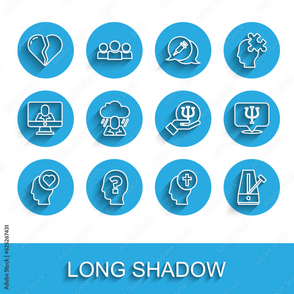 Set line Broken heart or divorce, Head with question mark, Man graves funeral sorrow, Metronome pendulum, Depression, Psychology, Psi and icon. Vector Set line Broken heart or divorce, Head with question mark, Man graves funeral sorrow, Metronome pendulum, Depression, Psychology, Psi and icon. Vector