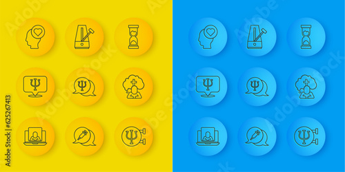 Set line Psychologist online, Psychology, Psi, Man graves funeral sorrow, Broken heart divorce, Old hourglass and Metronome with pendulum icon. Vector