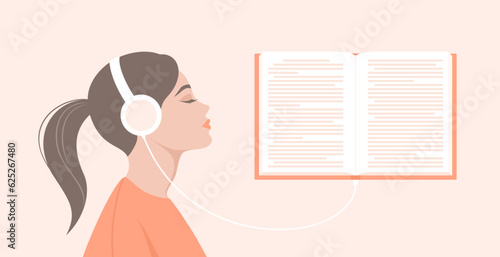 A woman listening to an audiobook. Side portrait of young woman in headphones and open book. Flat vector illustration
