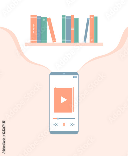 Smartphone with audiobook app on screen and bookshelf above it. Flat vector illustration