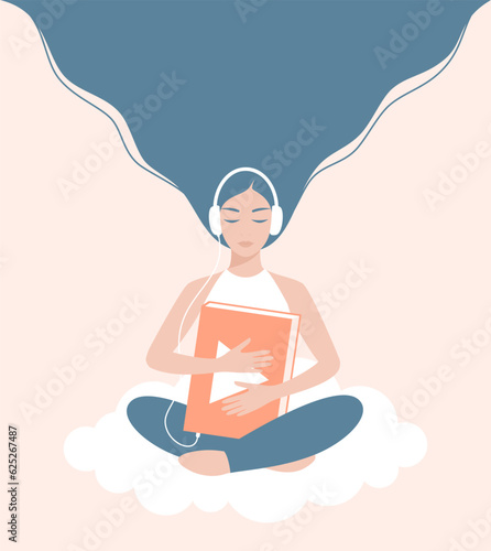 Woman listening to an audiobook. Young woman in headphones sitting in lotus position on a cloud and holding a big book. Flat vector illustration