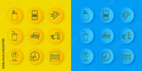 Set line Cafe and restaurant location, Paper glass with water, Online ordering burger delivery, Burger, Fast by car, pizza and icon. Vector