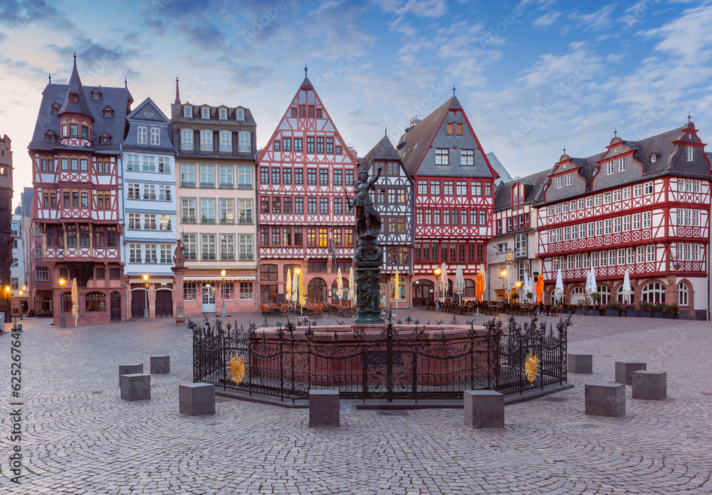 Naklejka premium Old medieval houses on the market square in Frankfurt am Main at dawn.