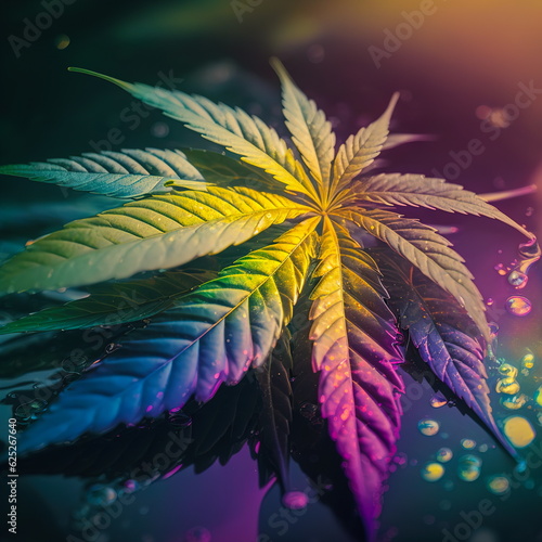 Rainbow marijuana leaf with drops on a color background. Generative AI