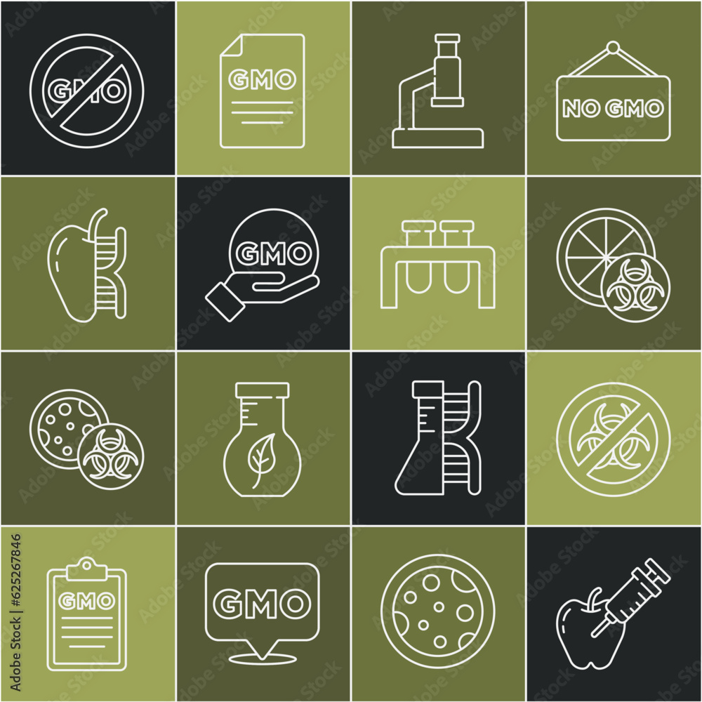 Set line Genetically modified apple, Stop GMO, orange, Microscope, No and Test tube and flask icon. Vector Set line Genetically modified apple, Stop GMO, orange, Microscope, No and Test tube and flask icon. Vector