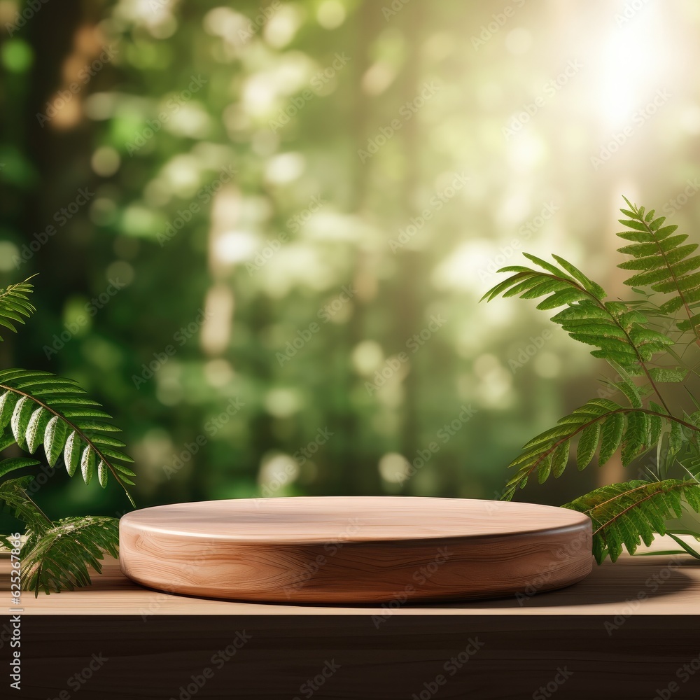 Cosmetics or beauty product promotion mockup. Natural wood step pedestal. Generative AI. Cosmetics or beauty product promotion mockup. Natural wood step pedestal. Generative AI.