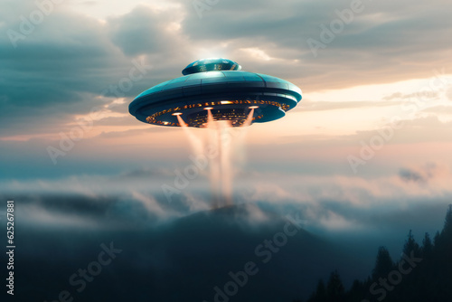 Mysterious UFO sighting over the distant horizon during a cloudy dusk. Generative AI