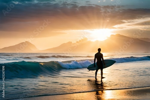 silhouette of a surfer in the sunset  Silhouette of a person with a surfboard on a beach