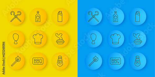 Set line Burning match with fire, Chicken leg, Chef hat, Pepper, Homemade pie, BBQ skewers, Lighter and Tabasco sauce icon. Vector