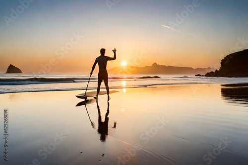 silhouette of a surfer in the sunset, Silhouette of a person with a surfboard on a beach