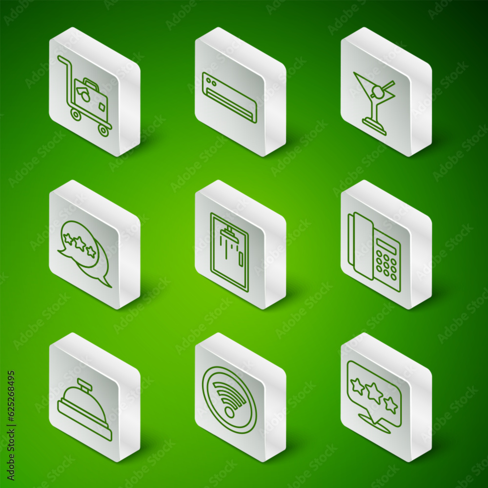 Set line Five stars rating review, Wi-Fi wireless, Suitcase, Shower cabin, Air conditioner, Hotel service bell and Telephone handset icon. Vector Set line Five stars rating review, Wi-Fi wireless, Suitcase, Shower cabin, Air conditioner, Hotel service bell and Telephone handset icon. Vector